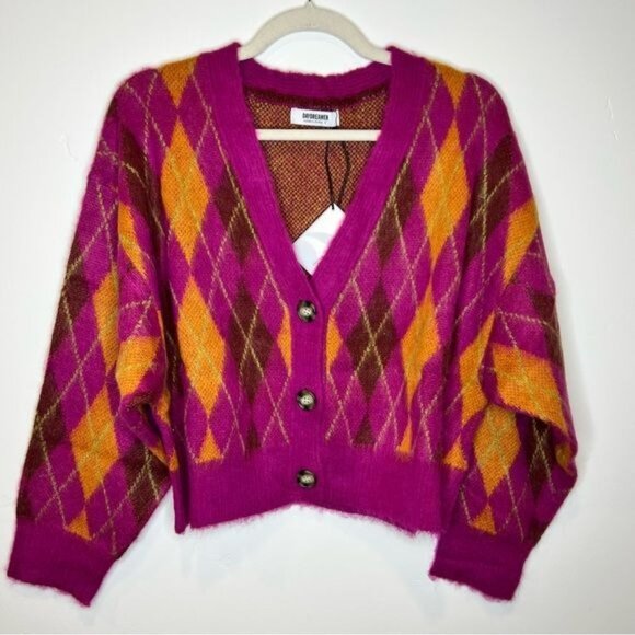 Daydreamer fuchsia Sunset Argyle Plaid Cropped Cardigan Sweater, Size Small NWT - Picture 3 of 10
